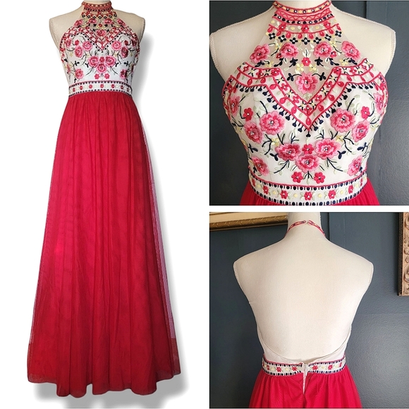 Blondie Nites Red Ball Bridesmaid‎ Floral Embroidered Floor Length Dress … - Picture 1 of 14